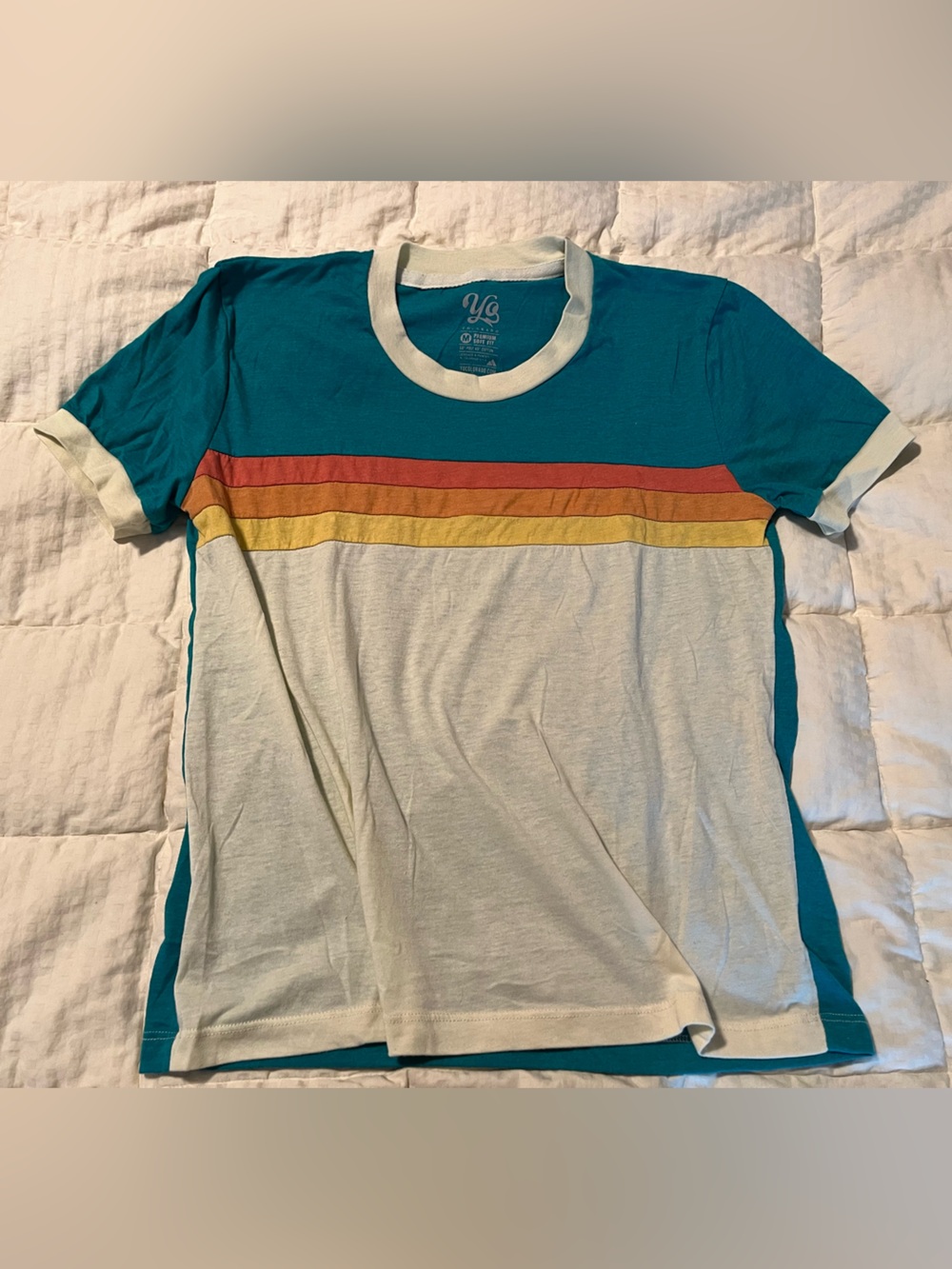 Yo Colorado Ringer T shirt Teal and Cream Short Sleeve with Retro Stripe medium